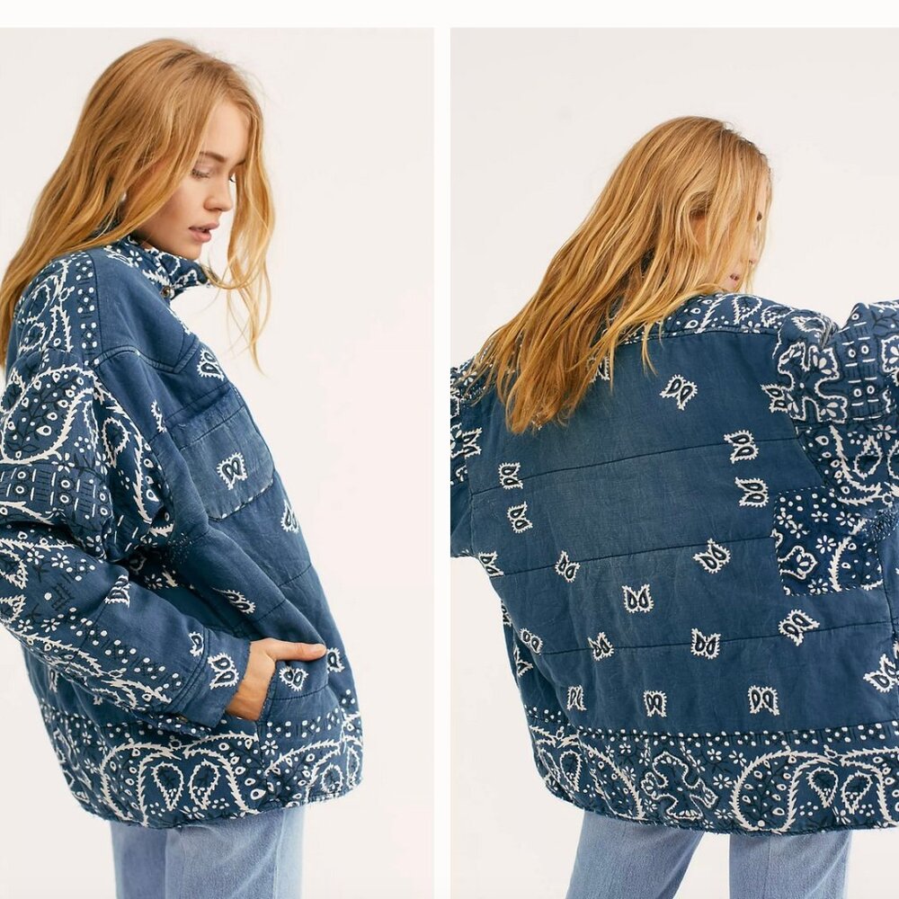 RARE Magnolia Pearl Asa Silas Bandana Puffer Jacket One Sz Blue Reversible Coat